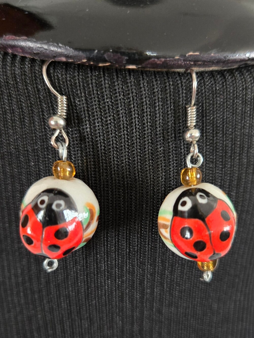 Murano Red Black Ladybug Glass Bead Pierced Earrings